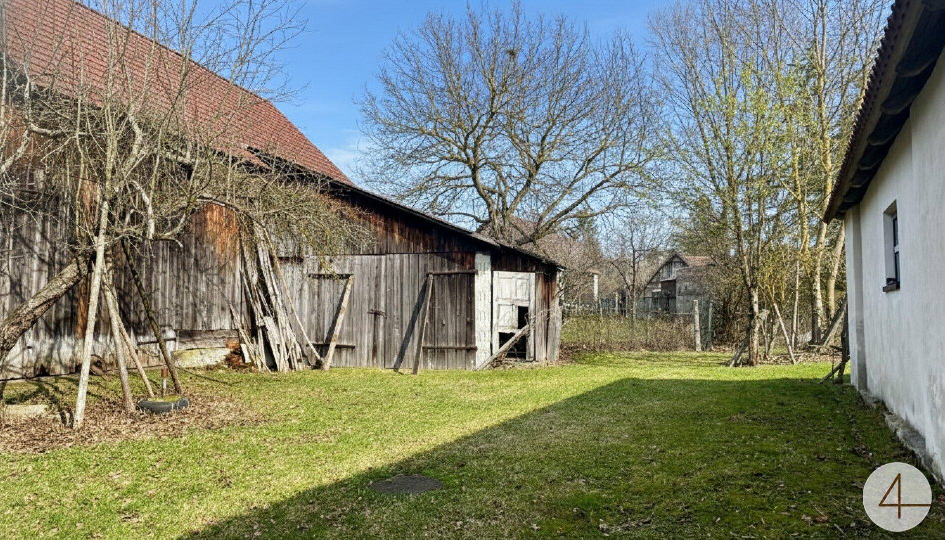 Großer, gepflegter Gartenbereich neben einem alten Holzschuppen mit viel Grünfläche.