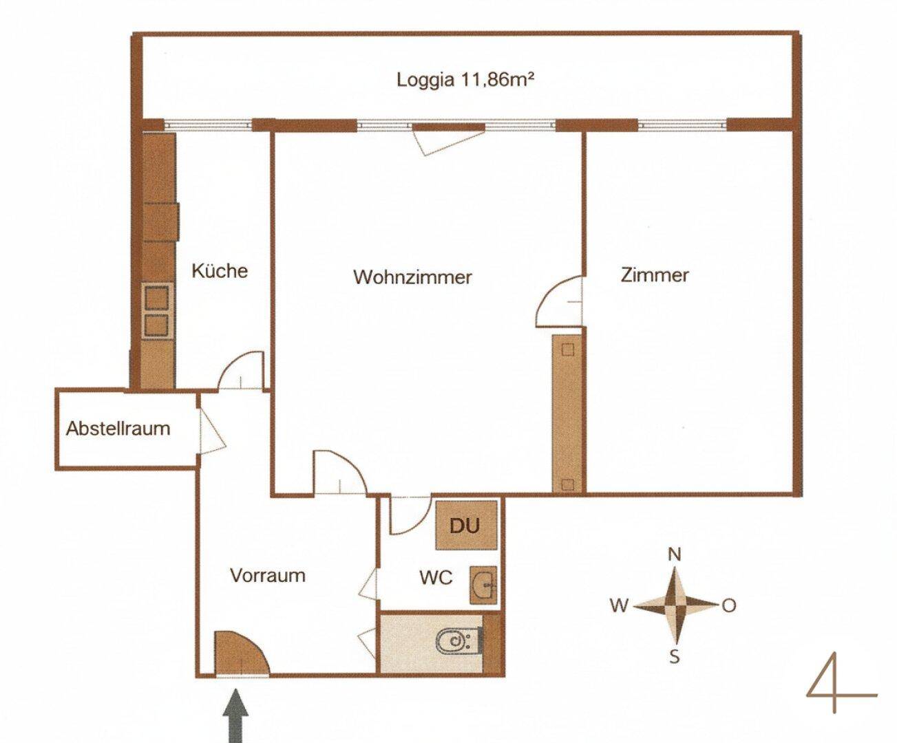 Grundriss einer Wohnung mit separater Küche, Wohnzimmer, Schlafzimmer, Abstellraum und einer geräumigen Loggia.