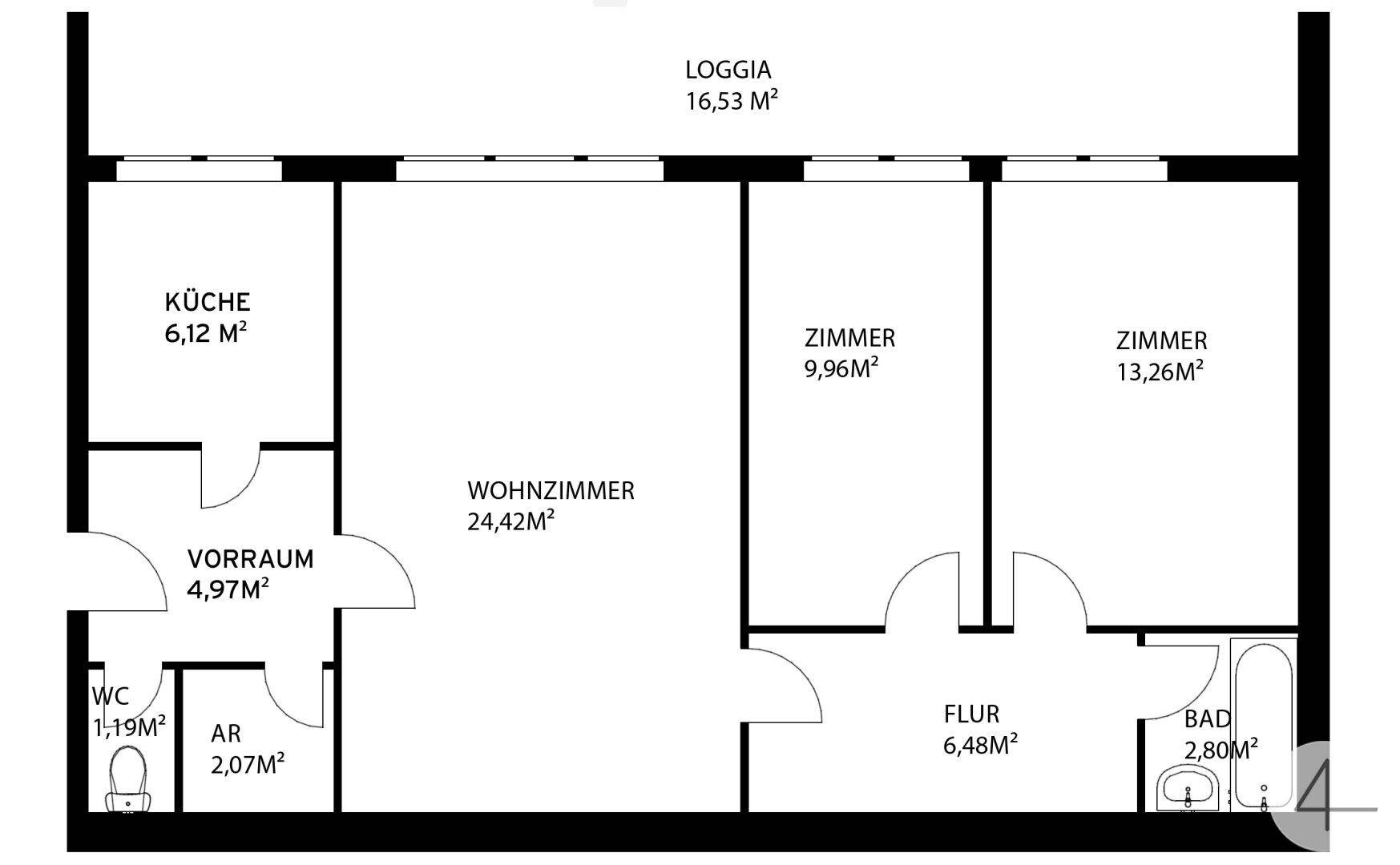 Grundrissplan der Wohnung mit separater Küche, Wohnzimmer, zwei Zimmern und Loggia.