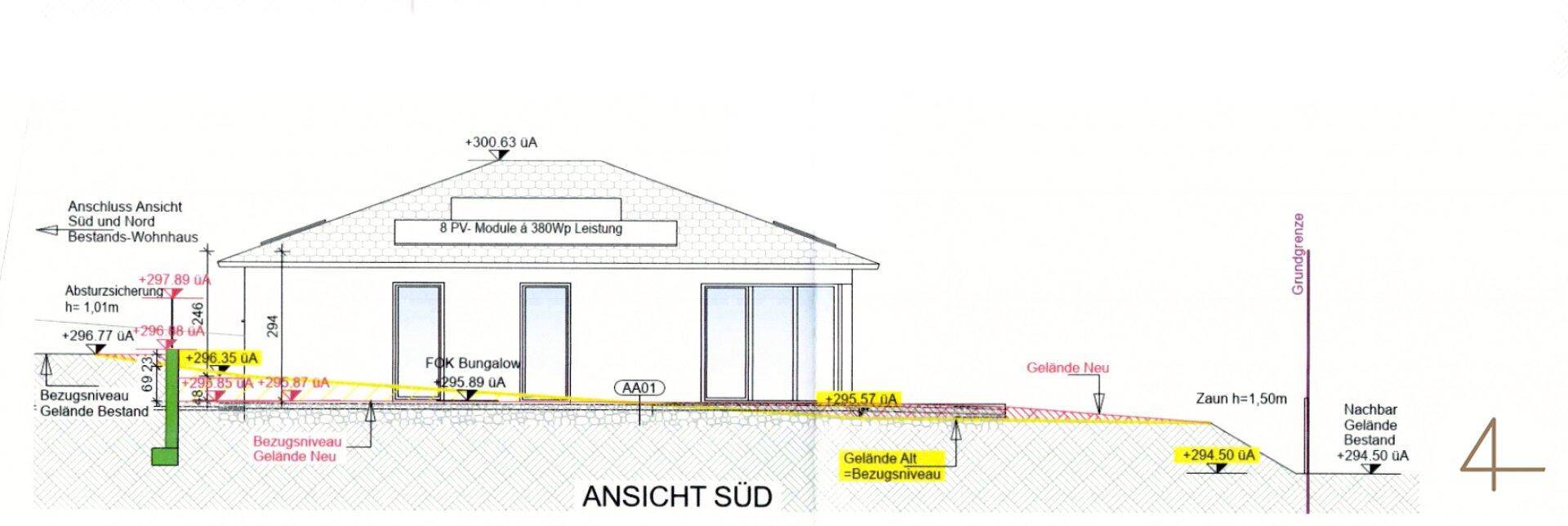 Architektonische Ansicht der Südfassade eines Bungalows mit Flachdach und PV-Modulen.