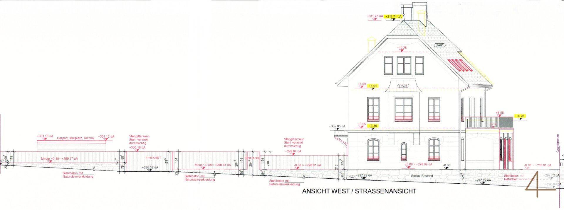 Architektonische Ansicht der Westfassade eines Gebäudes mit Straßenzugang und Balkon.