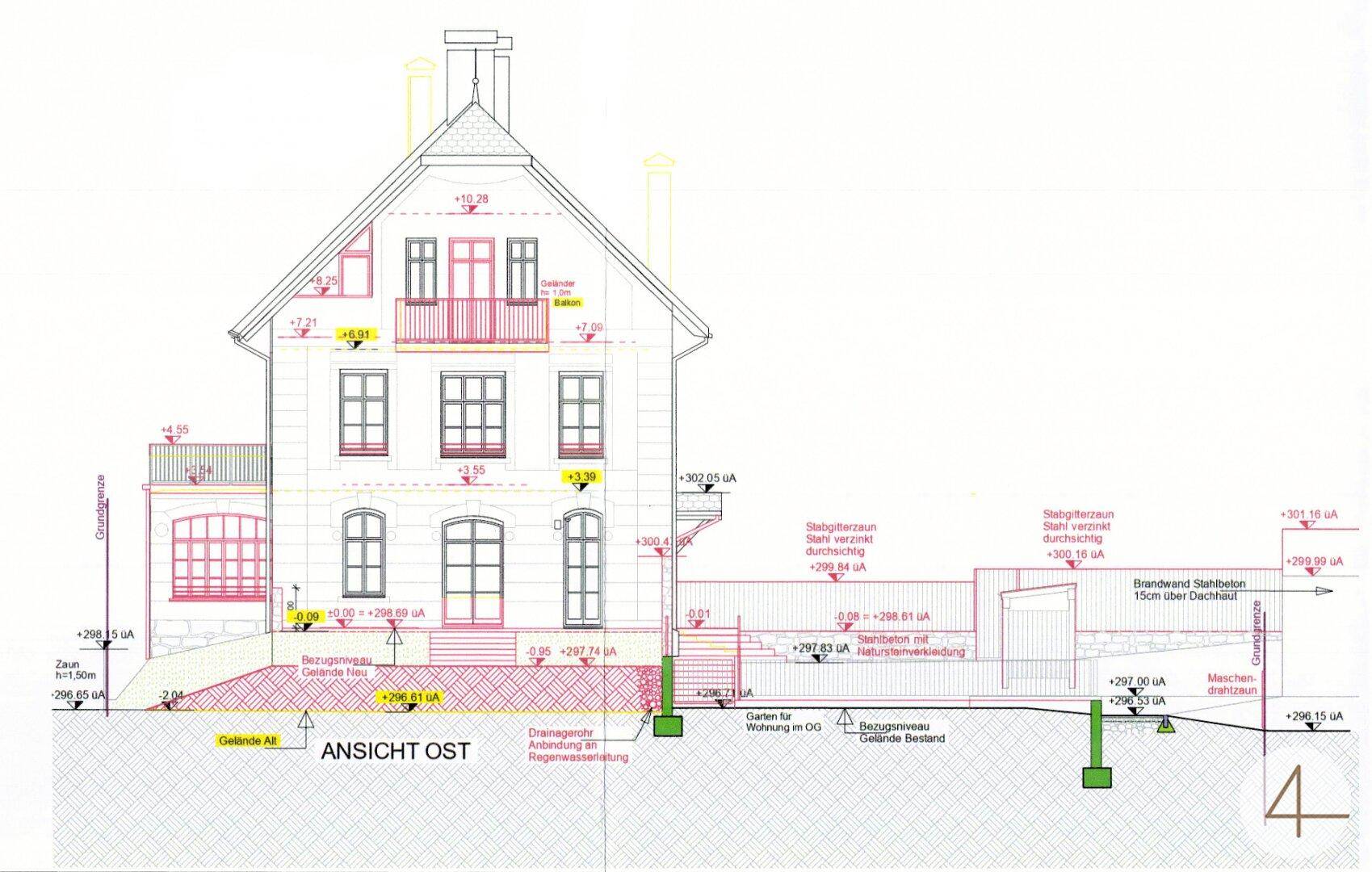 Architektonische Ansicht der Ostfassade eines Gebäudes mit Terrassenzugang und Gartenbereich.