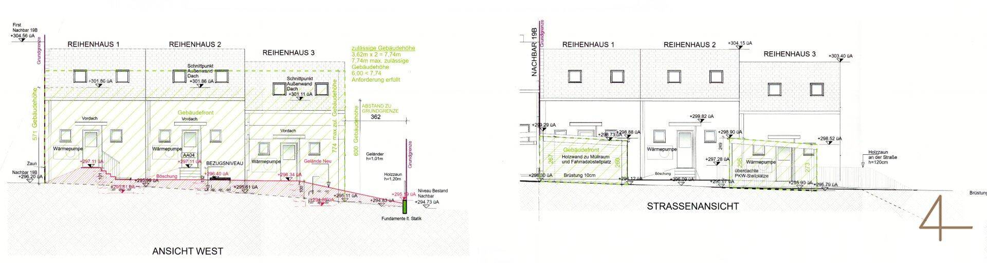 Architektonische Ansicht der Westfassade von Reihenhäusern mit Straßenzugang.