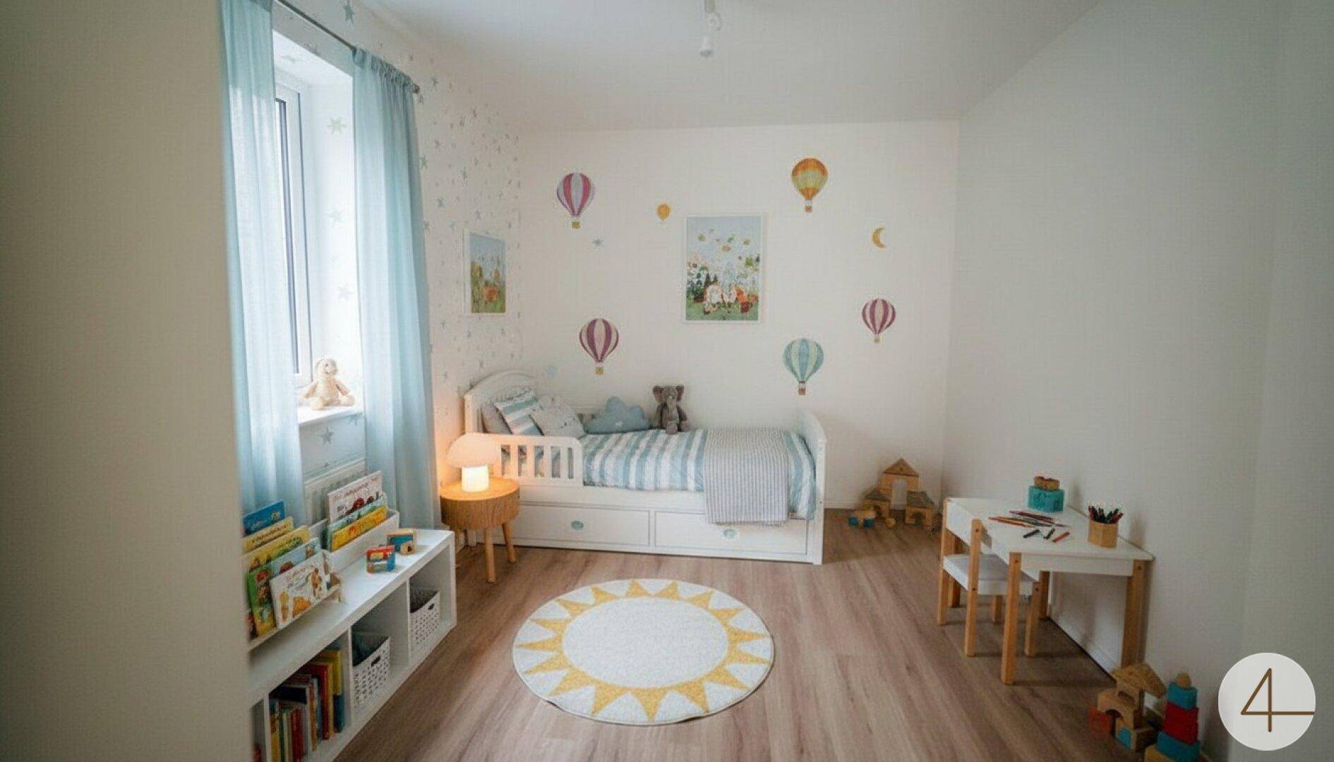 Kinderzimmer mit Bett, bunten Wanddekorationen, Teppich und hellem Laminatboden.