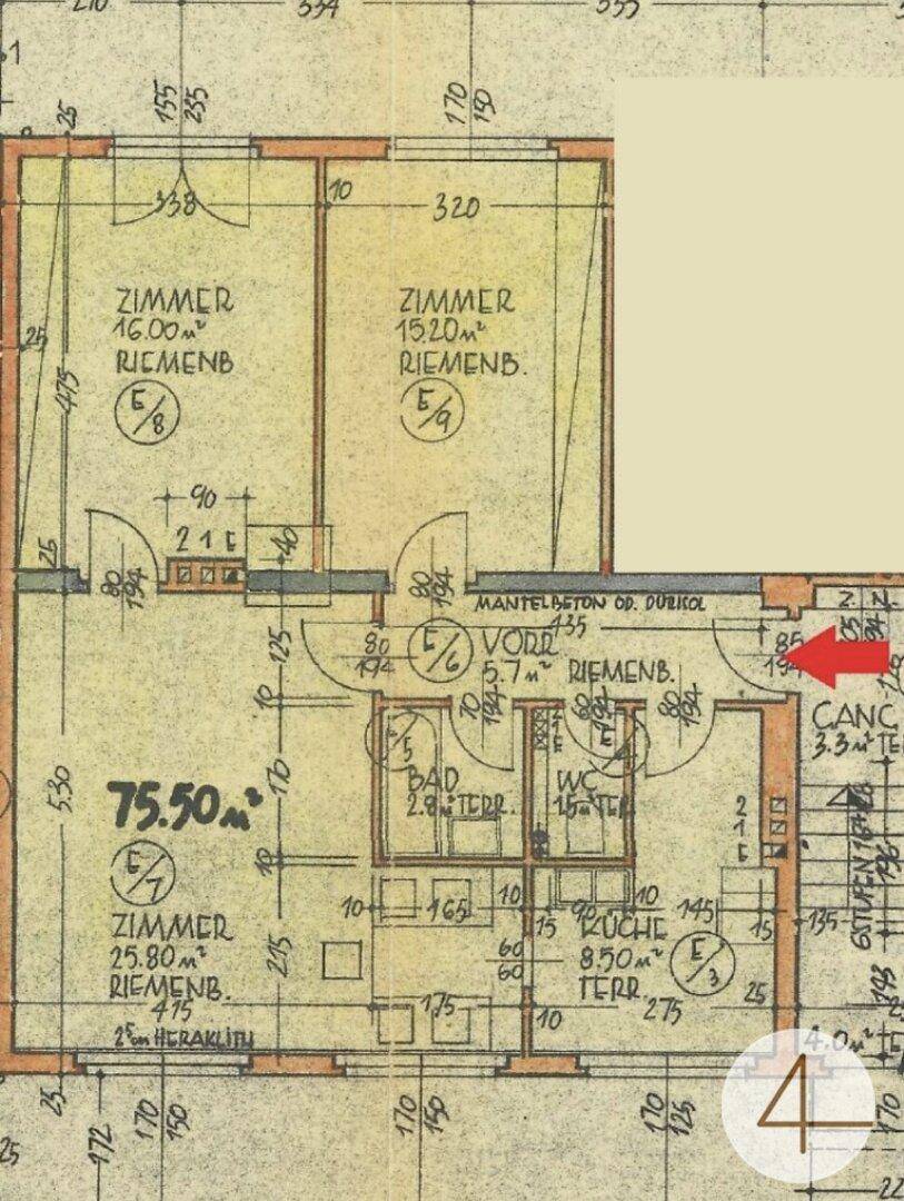 Detaillierter Grundriss mit Zimmern, Bad, WC und Terrasse, zeigt die Raumaufteilung.
