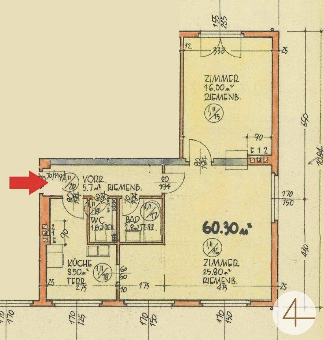 Grundriss einer Wohnung mit mehreren Zimmern, Bad, WC und Balkon, inklusive Flächenangaben.