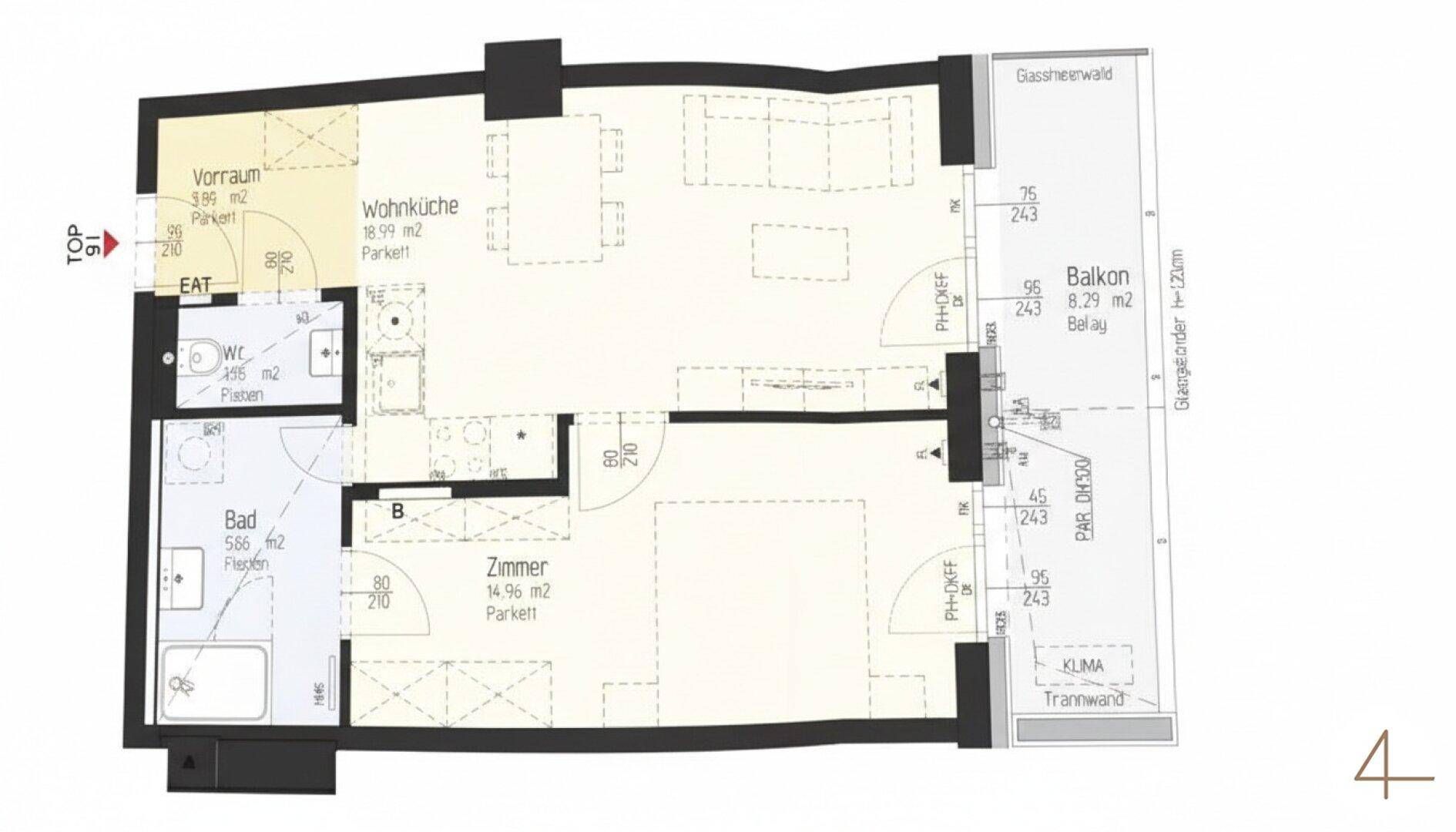 Grundriss der Wohnung mit offenem Wohnbereich, Schlafzimmer und Balkon.