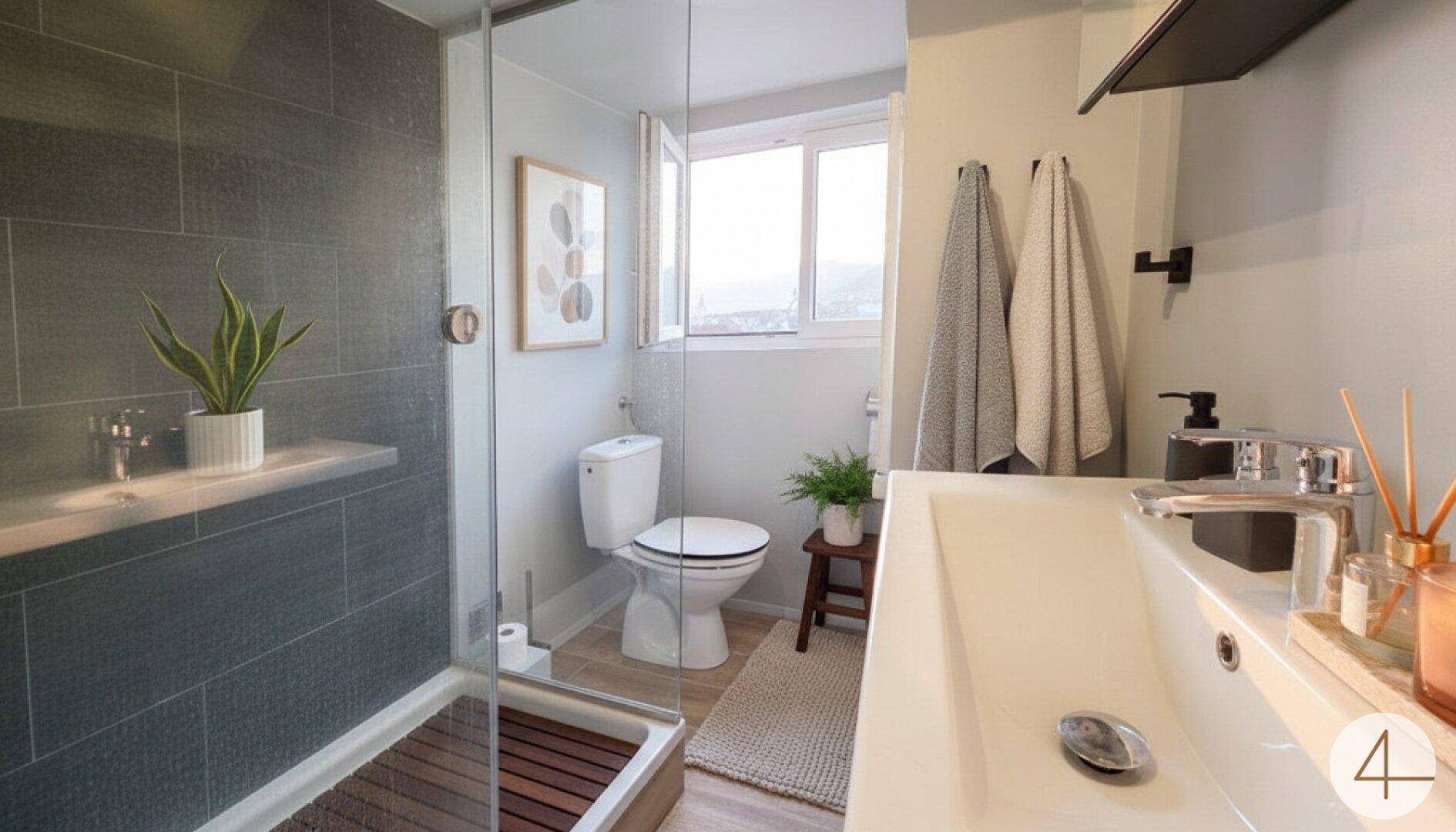 Modernes Badezimmer mit begehbarer Dusche, Fenster und großem Waschbecken.