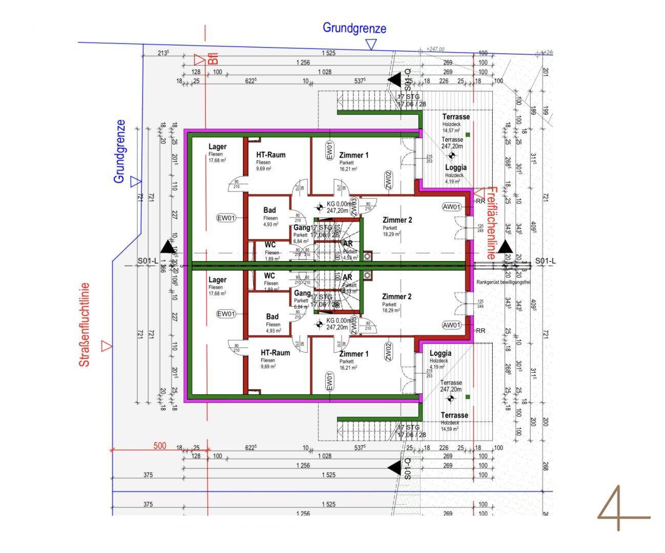 Detaillierter Grundrissplan zeigt zwei identische Wohneinheiten mit Terrassen, Loggien und mehreren Zimmern.