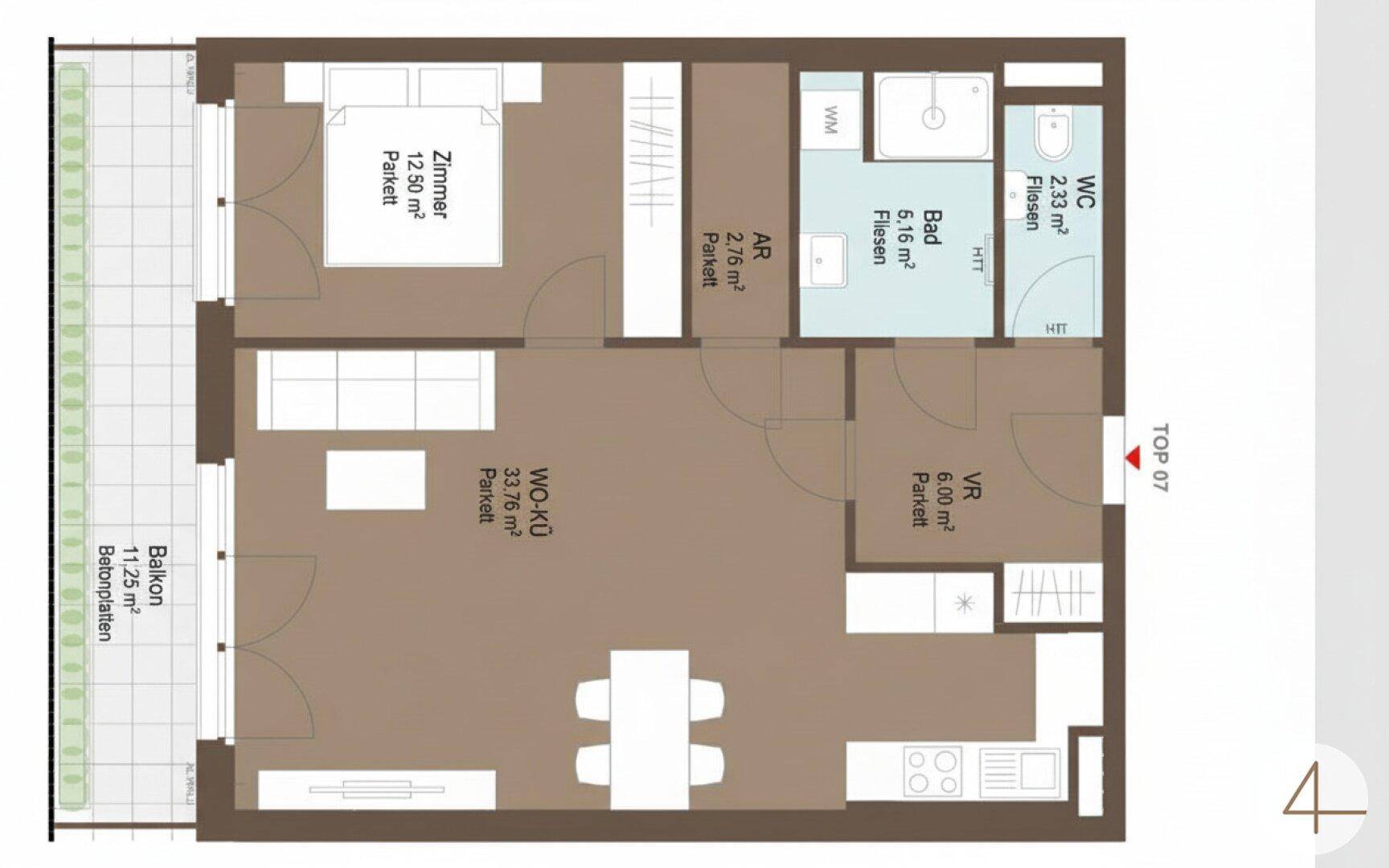 Grundriss einer Wohnung mit Balkon, Schlafzimmer und offenem Wohn-Kochbereich.