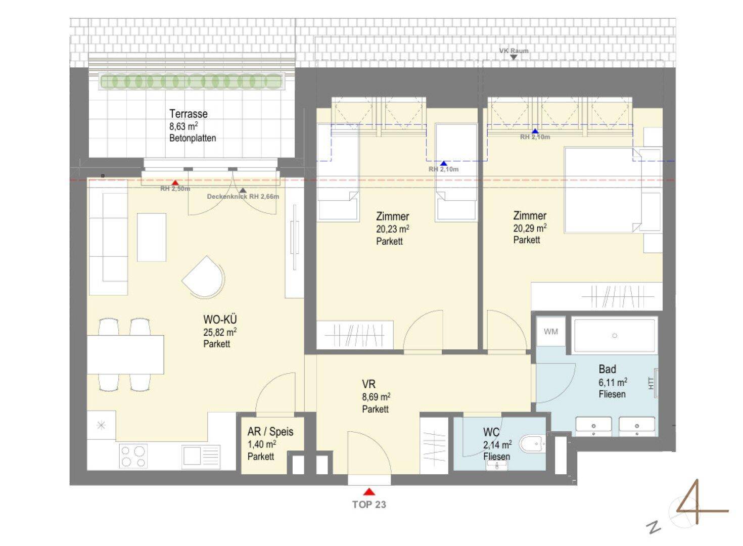 Detaillierter Grundriss einer Wohnung mit offener Wohnküche, zwei Zimmern und Terrasse.
