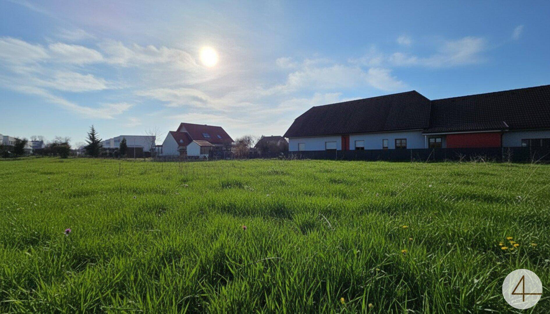 Weitläufige grüne Fläche mit Blick auf benachbarte Häuser unter einem strahlend blauen Himmel.