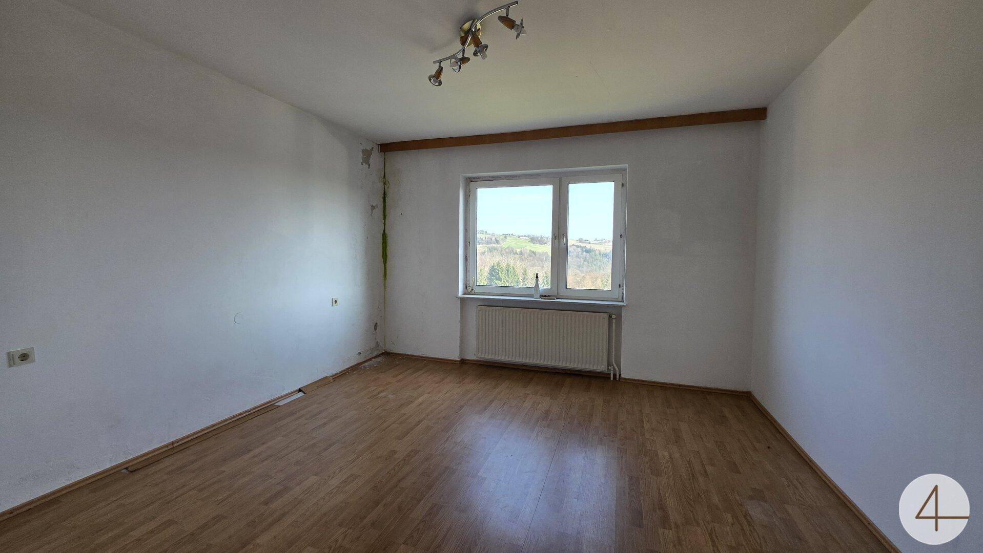 Leeres Zimmer mit Holzboden, Heizkörper und Fenster mit Blick auf die Landschaft.