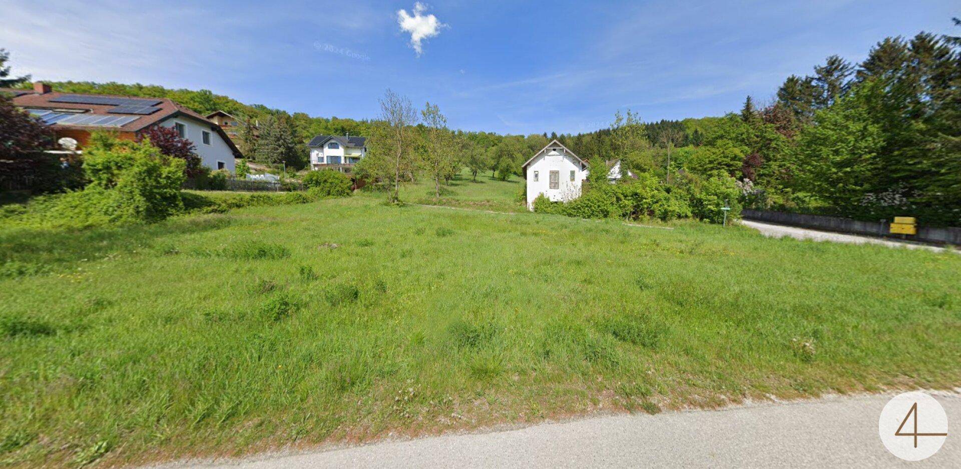 Offenes, grünes Grundstück mit mehreren Häusern und einem Waldrand im Hintergrund.