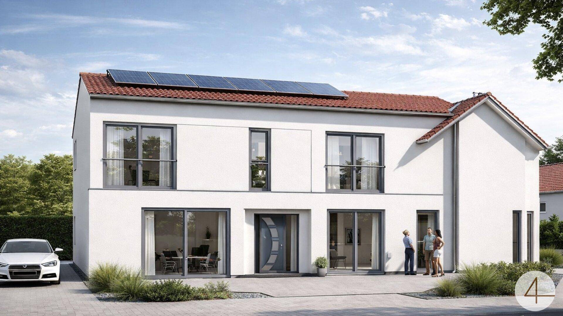 Moderne Hausfassade mit großen Fenstern, Solarpaneelen auf dem Dach und einem gepflasterten Eingangsbereich.