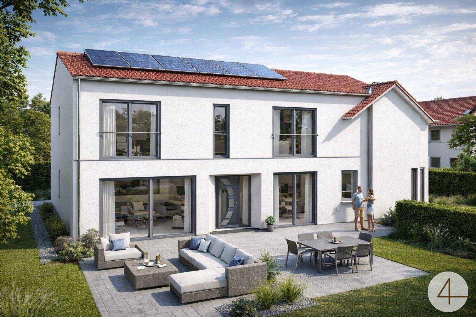 Visualisierung des modernen Hauses von hinten mit großer Terrasse, Gartenmöbeln und Solarpaneelen auf dem Dach.