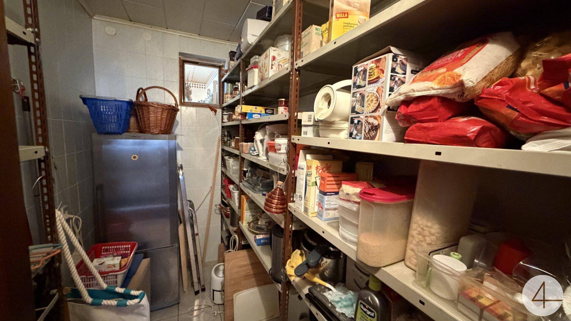 Gut organisierte Speisekammer mit Regalen voller Vorräte und einem Kühlschrank.