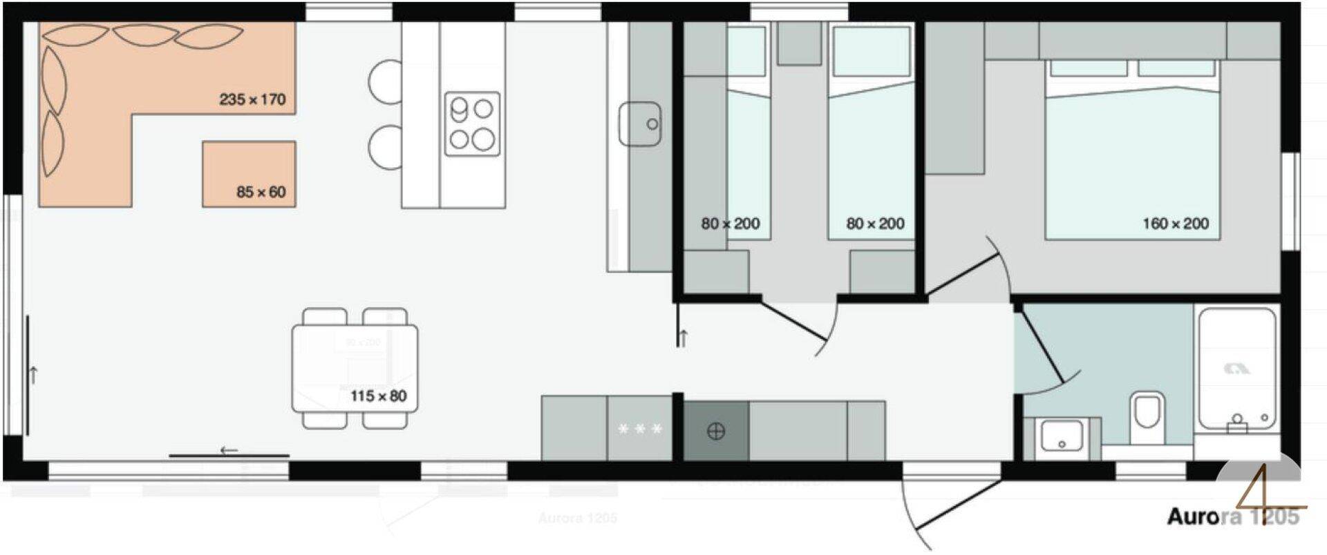 Grundriss eines Modulhauses mit offenem Wohnbereich und zwei Schlafzimmern.