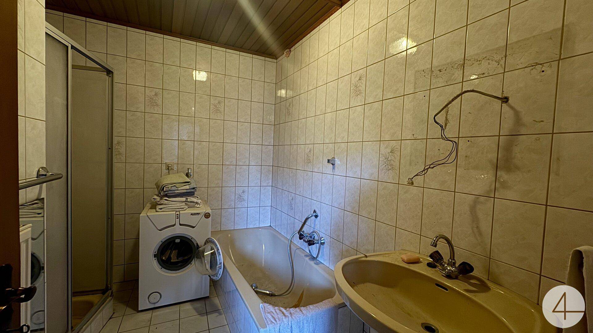 Funktionales Badezimmer mit Badewanne, Dusche, Waschbecken und Waschmaschine.