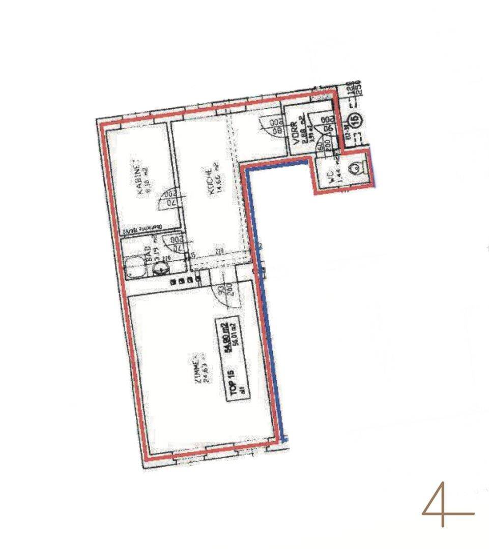 Grundrissplan einer Wohnung mit Küche, Bad, Zimmer und separatem WC.
