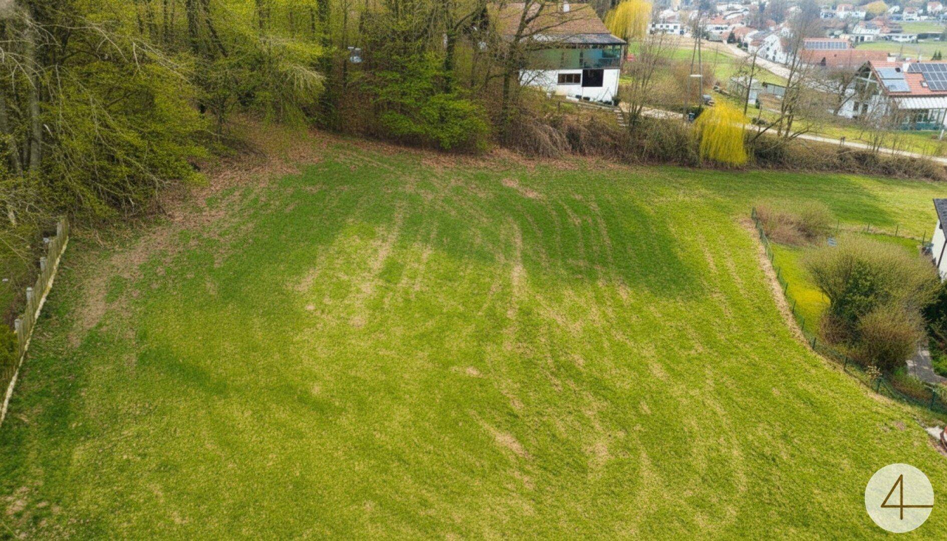 Großes grünes Feld mit Bäumen und Häusern im Hintergrund unter hellem Himmel.