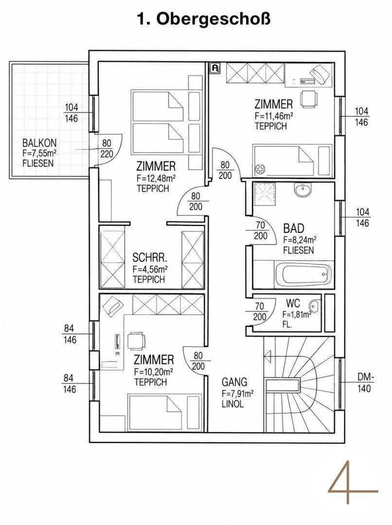 Grundriss des ersten Obergeschosses mit drei Zimmern, Bad, WC und Balkon.