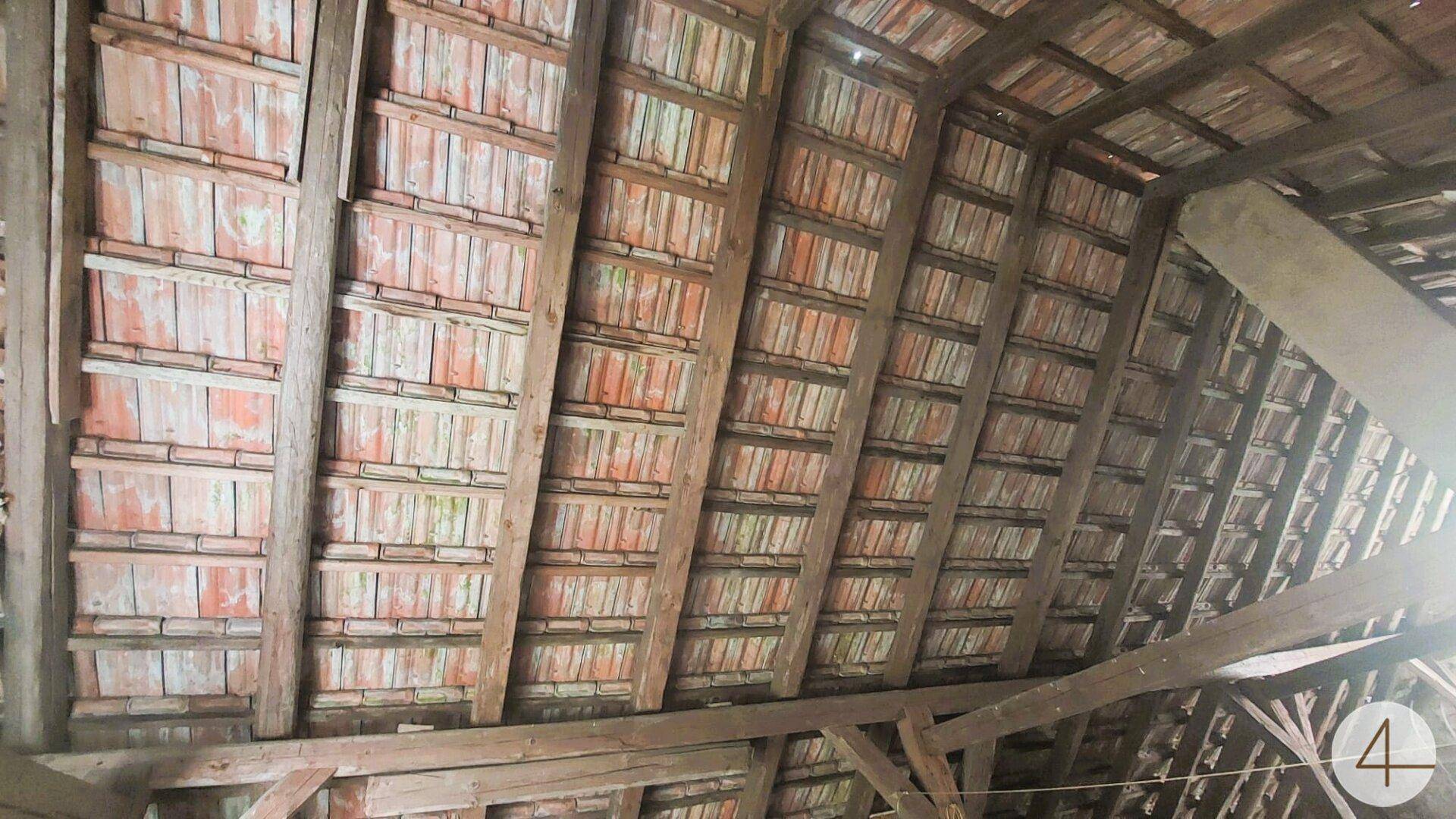 Blick auf die Unterseite des Ziegeldaches mit Holzbalken im ungenutzten Dachbodenbereich.