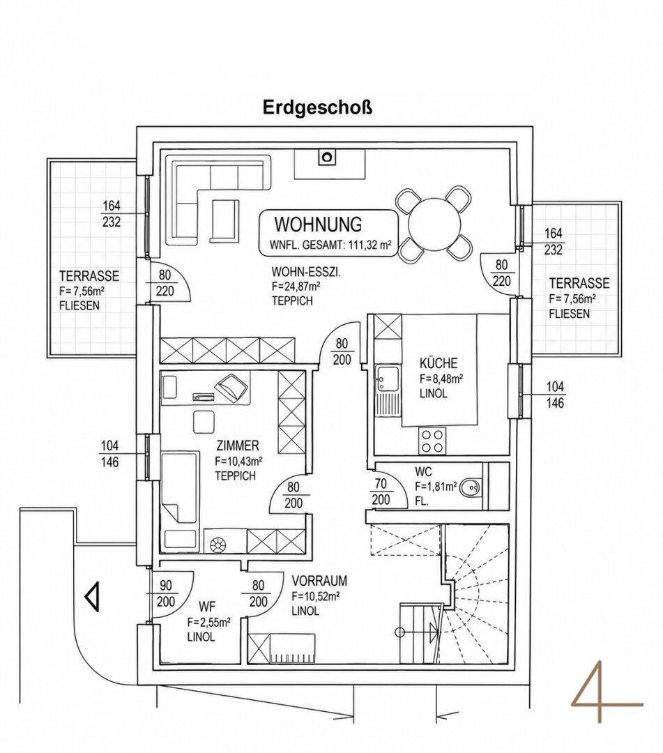Grundriss des Erdgeschosses mit Wohn-Essbereich, Küche, Zimmer und zwei Terrassen.