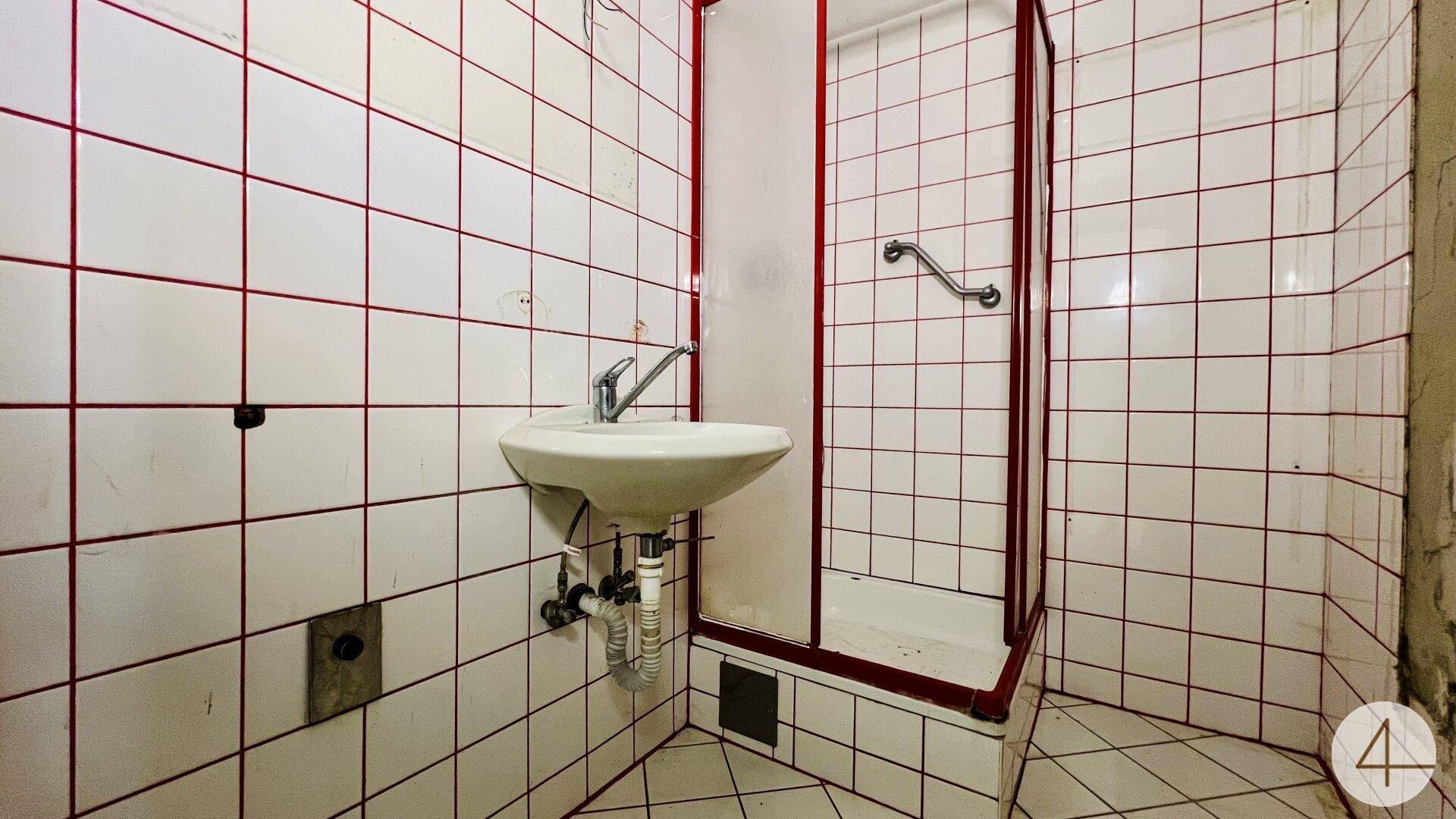 Badezimmer mit weißen Fliesen, roten Fugen, Waschbecken und einer Duschkabine mit Haltegriff.