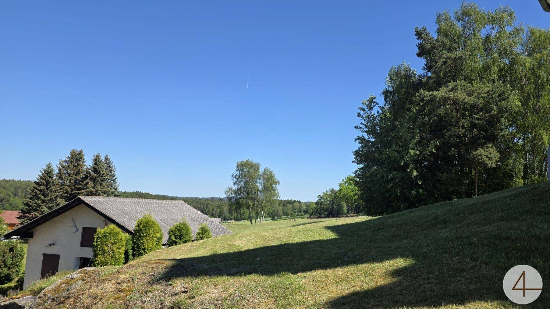 Sonnige Landschaft mit einer grünen Wiese, Bäumen und einem Gebäude im Hintergrund unter weitem Himmel.