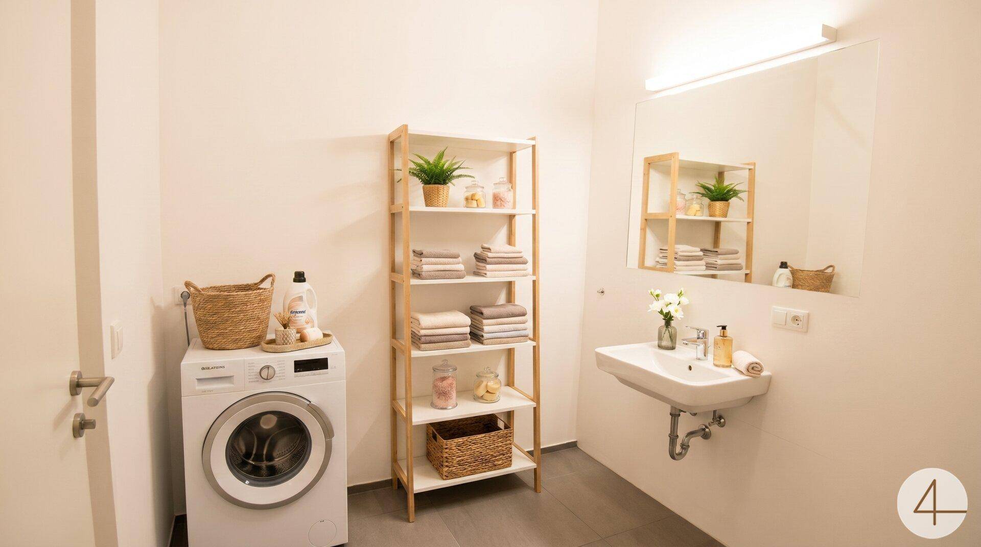 Praktischer Hauswirtschaftsraum mit Waschmaschine, Waschbecken und offenem Regal für zusätzlichen Stauraum.