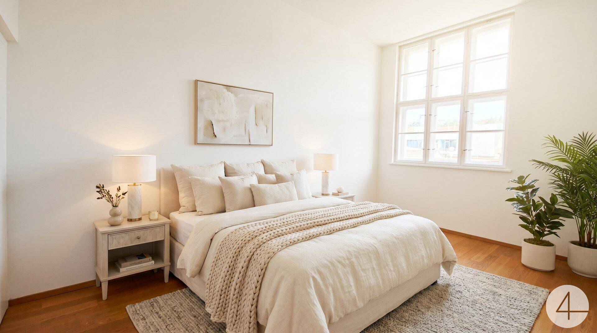 Helles Schlafzimmer mit großem Bett, Nachttischen und Pflanzen, durchflutet von natürlichem Licht.