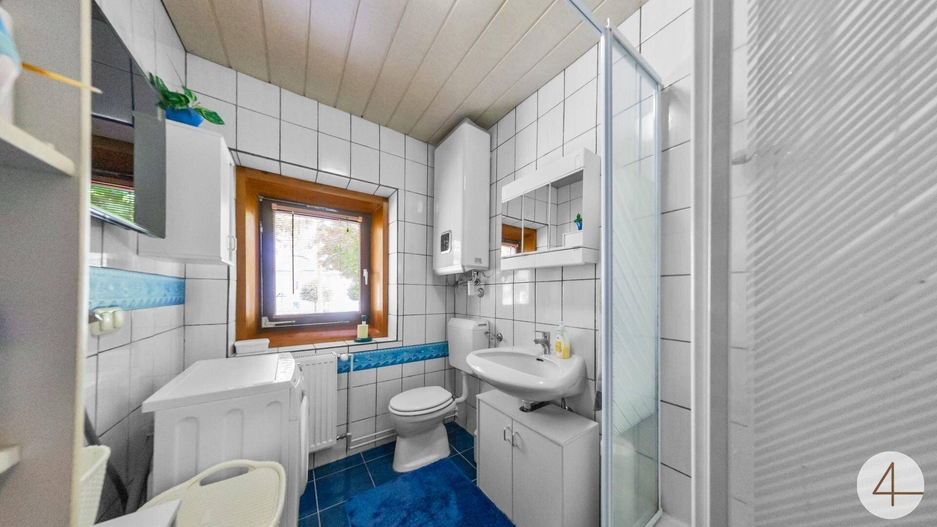 Badezimmer mit weißen und blauen Fliesen, Duschkabine, WC und Fenster.