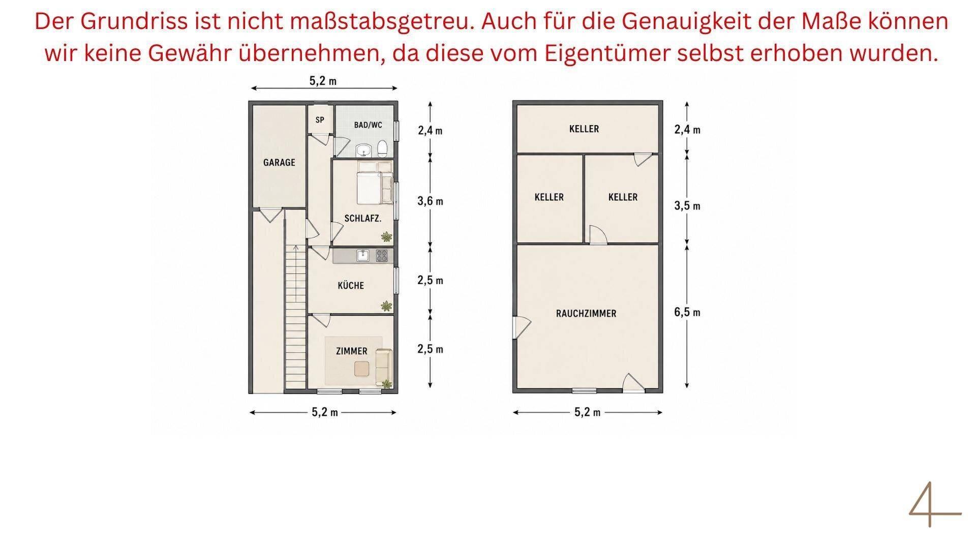 Grundriss zeigt zwei Ebenen mit Garage, Schlafzimmer, Küche, Bad und Kellerräumen.