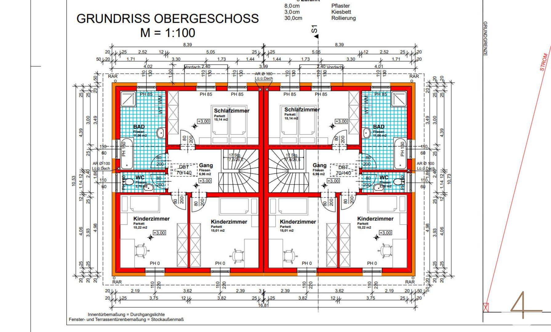 Grundriss des Obergeschosses mit Schlafzimmern, Kinderzimmern, Bädern und WCs für zwei Wohneinheiten.