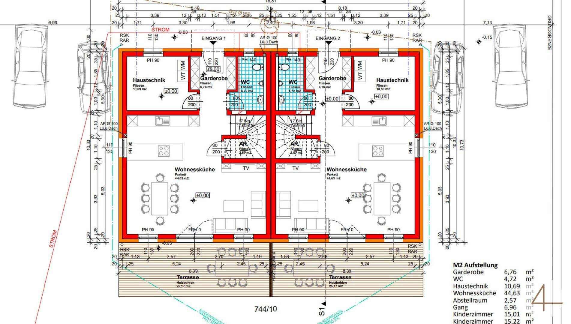 Grundriss des Erdgeschosses mit offener Wohnküche, WC und Terrasse für zwei Wohneinheiten.