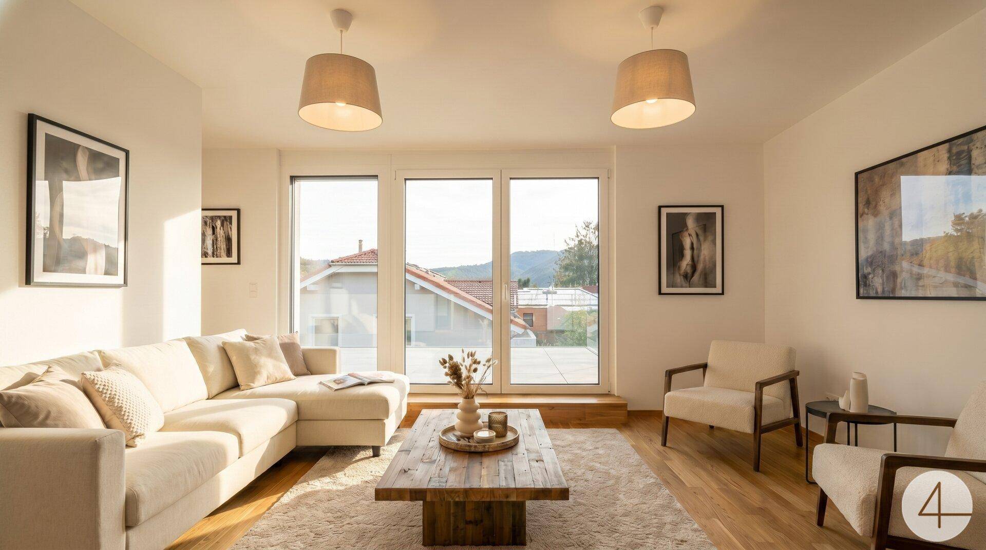 Lichtdurchflutetes Wohnzimmer mit Holzfußboden, gemütlicher Sitzecke und weitem Ausblick.