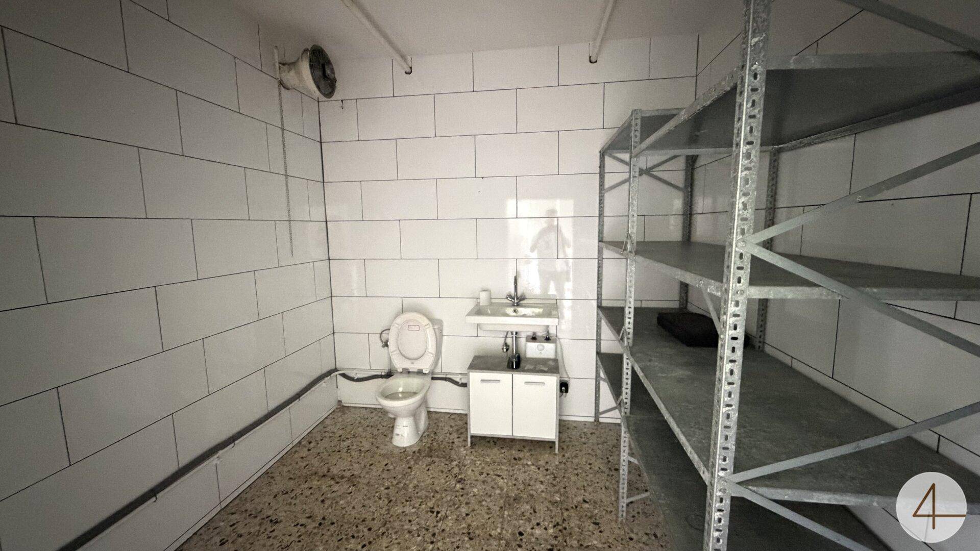 Kleiner WC-Raum mit Toilette, Waschbecken und praktischen Metallregalen an den gefliesten Wänden.