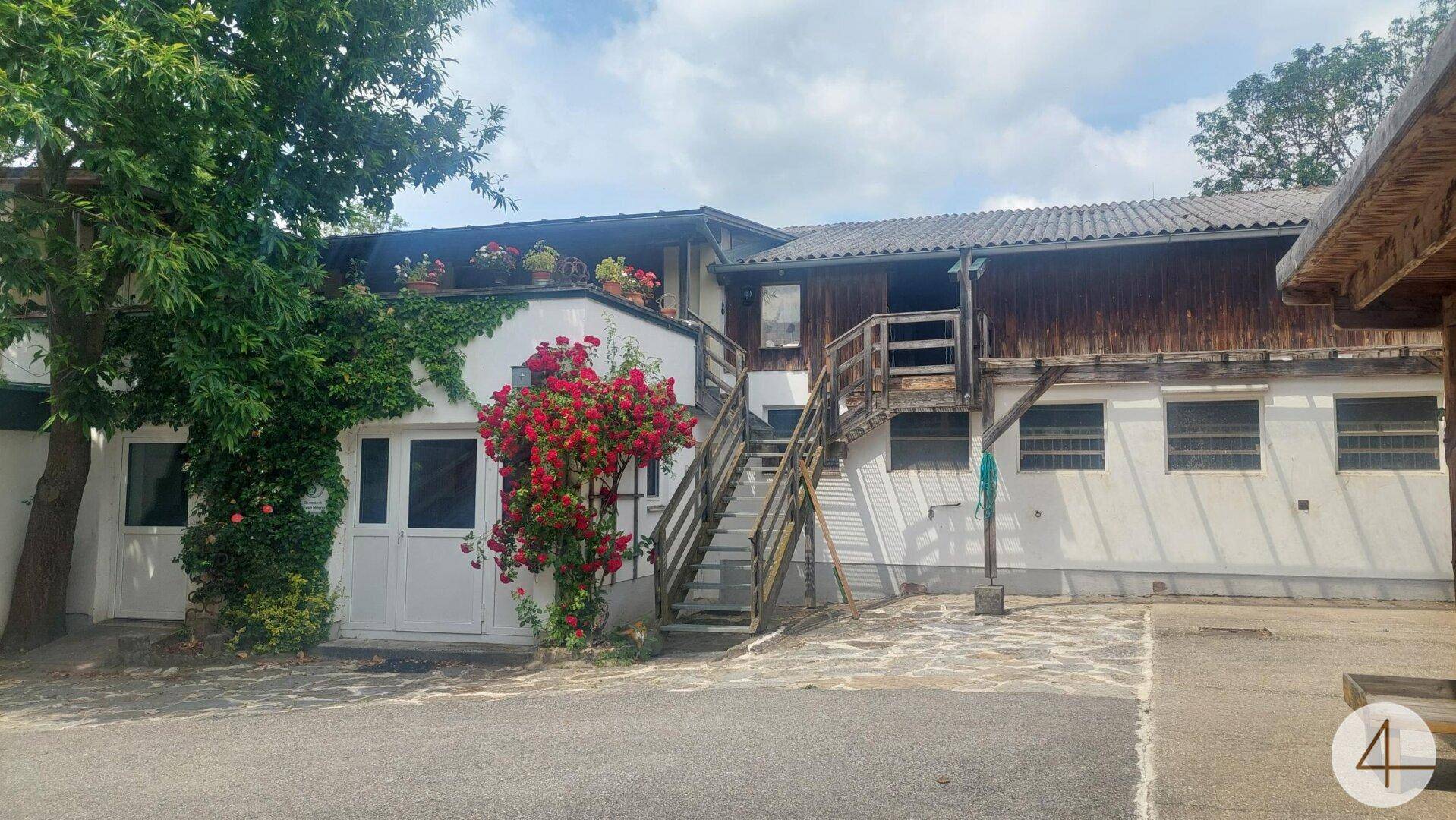 Gebäudeansicht mit weißer Fassade, externer Holztreppe und blühenden roten Rosen, umgeben von Grün.
