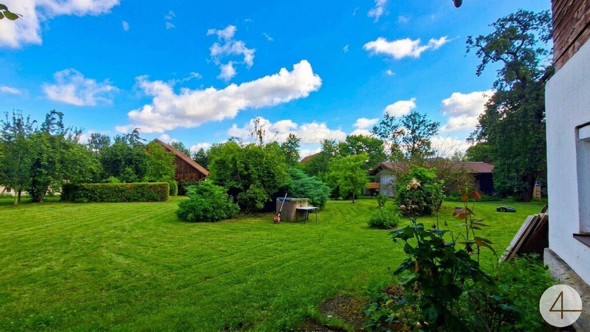 Weitläufiger Gartenbereich mit verschiedenen Büschen und Bäumen, umgeben von ländlicher Natur.
