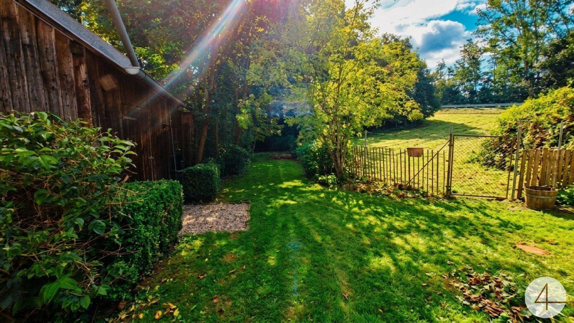 Sonniger Gartenweg führt entlang eines Holzschuppens und eines Zauns in die grüne Landschaft.