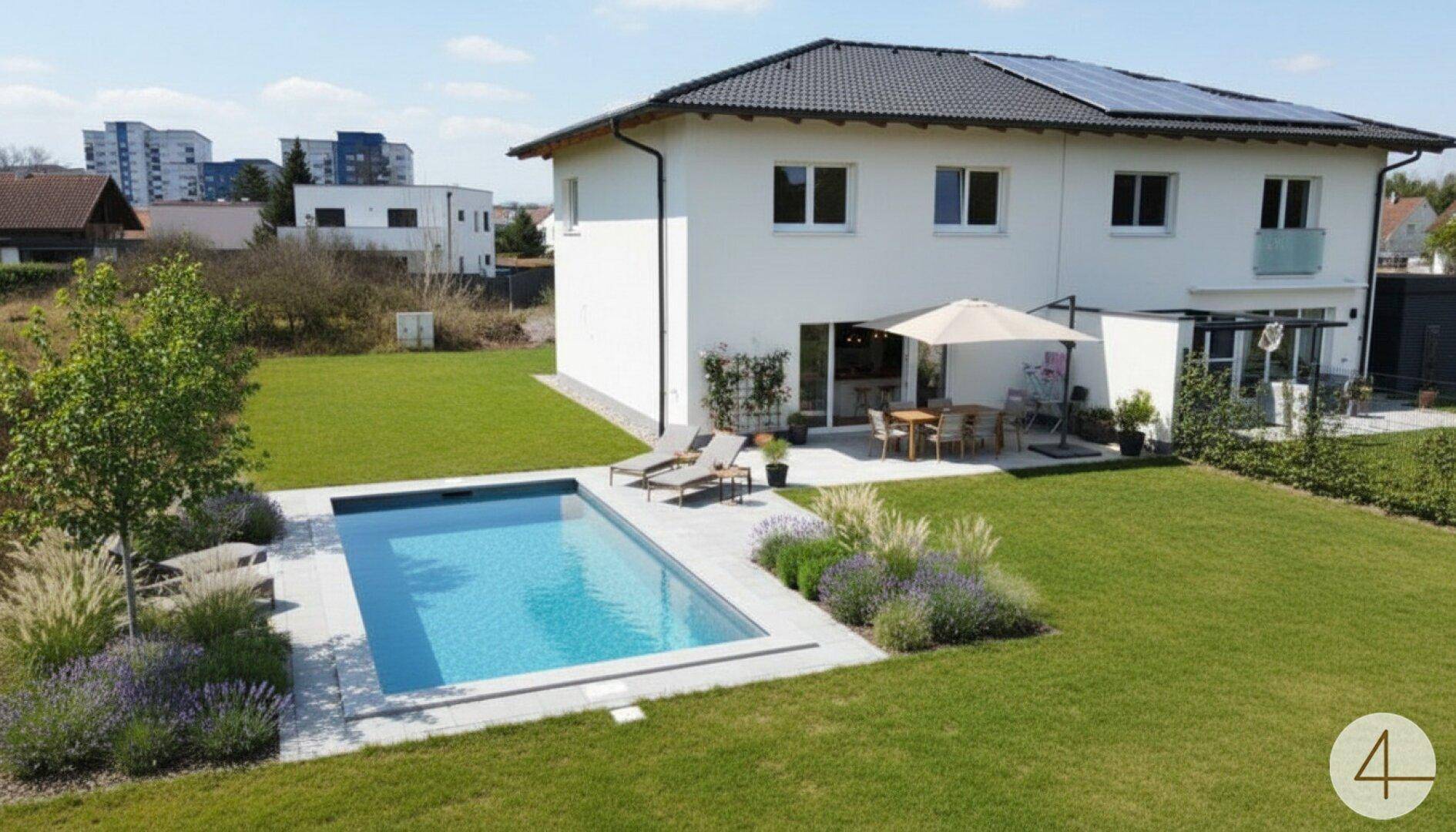 Modernes Einfamilienhaus mit großem Garten, privatem Pool und sonniger Terrasse für entspannte Stunden.