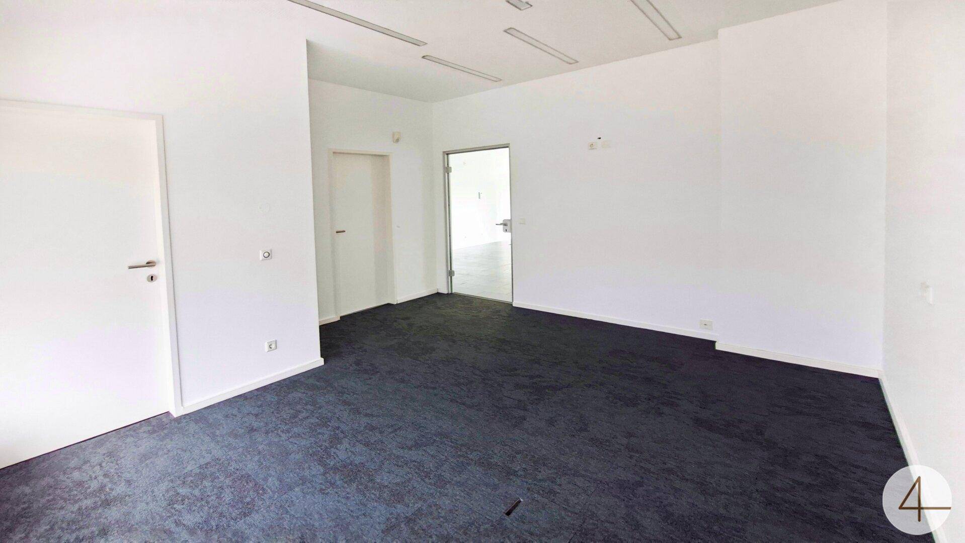 Geräumiger, leerer Raum mit dunklem Teppichboden und weißen Wänden, ideal für flexible Nutzung.