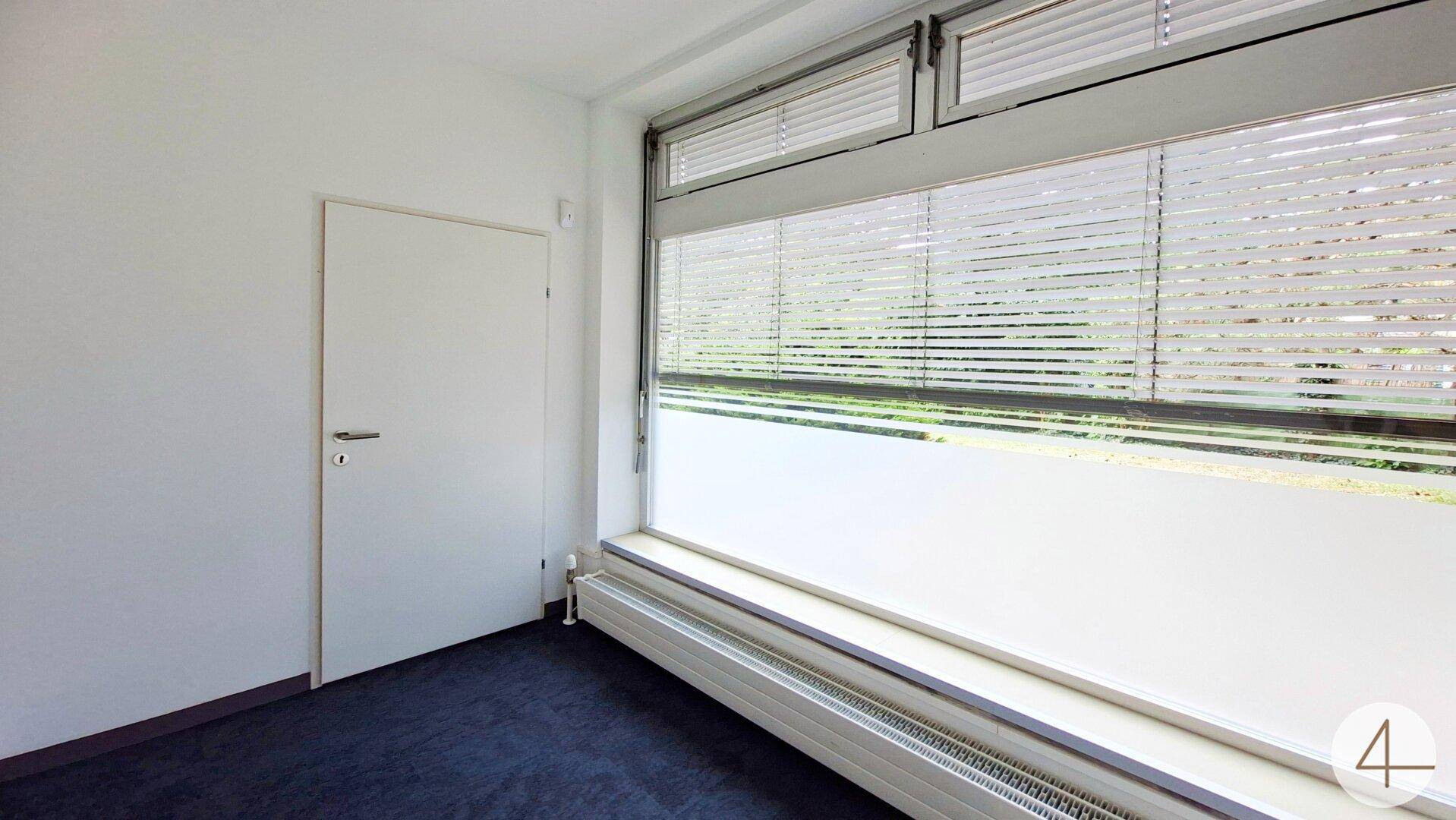 Heller Raum mit dunklem Teppichboden und großem Fenster mit Jalousien, bietet viel Tageslicht.