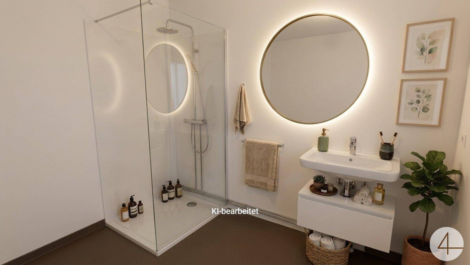 Modernes Badezimmer mit begehbarer Dusche, beleuchtetem Spiegel und stilvollem Waschtisch.