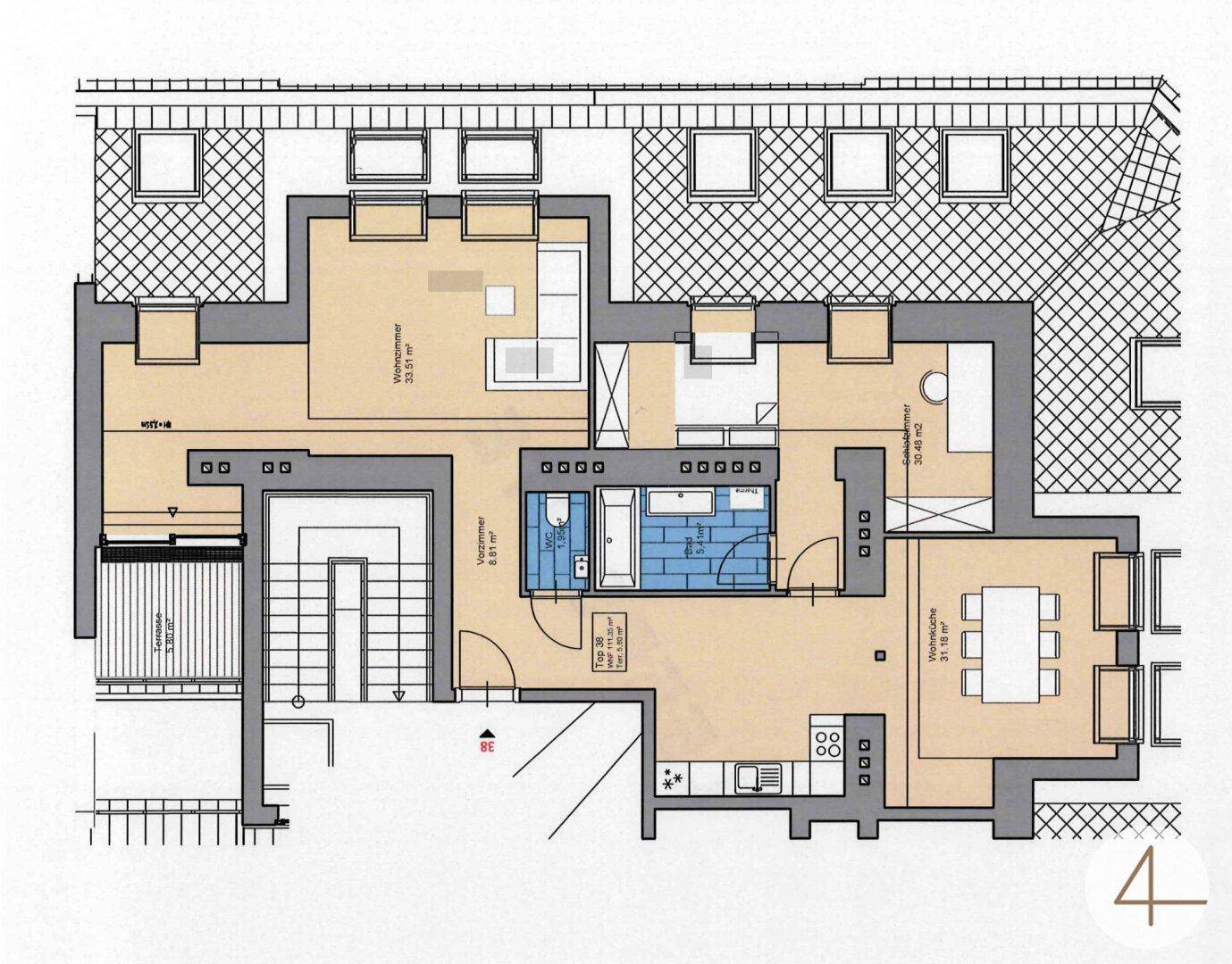 Detaillierter Grundriss einer Wohnung mit offenem Wohnbereich, Schlafzimmer und Balkon.