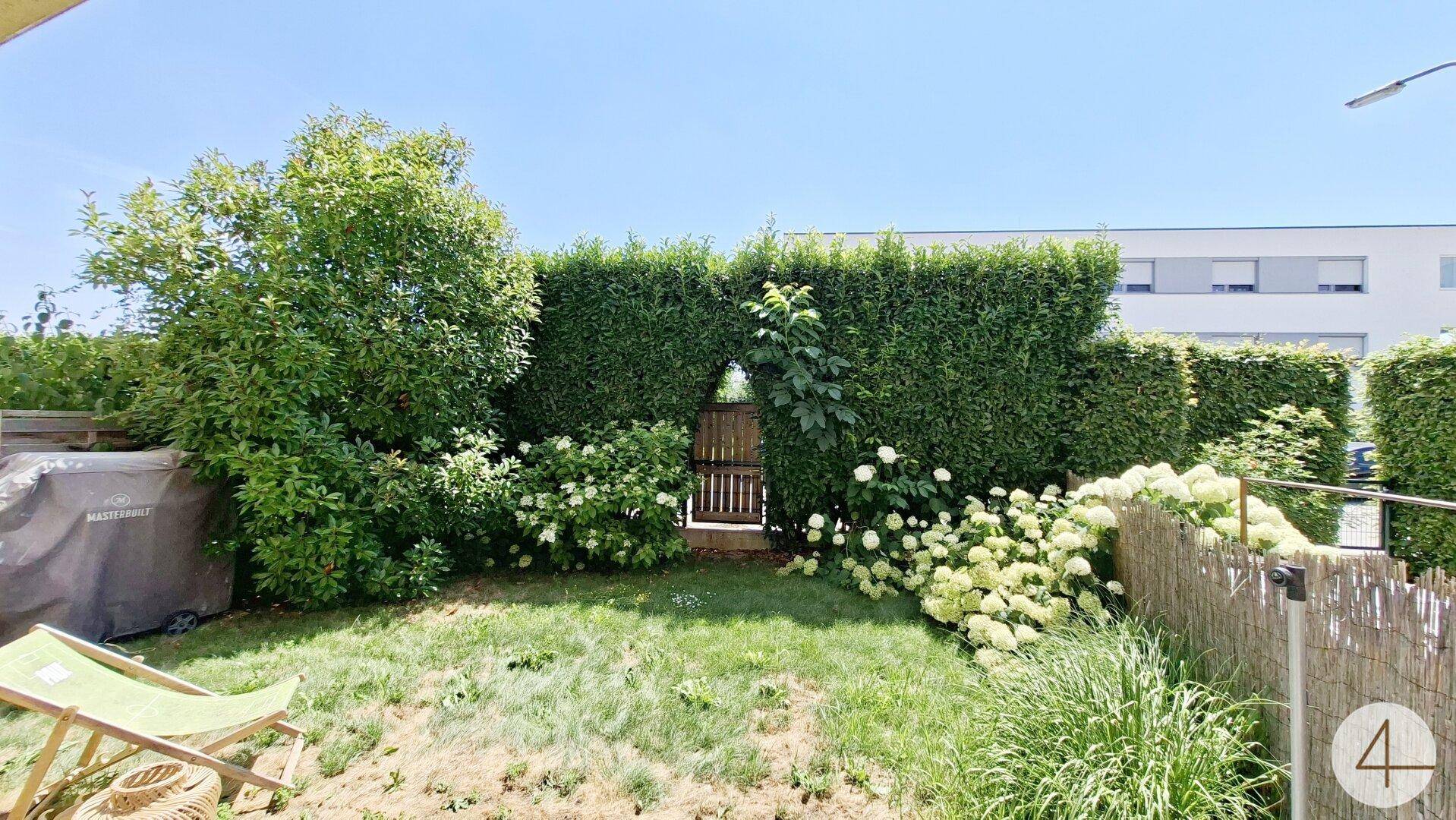 Gepflegter Gartenbereich mit hoher Hecke und einem kleinen Holztor.