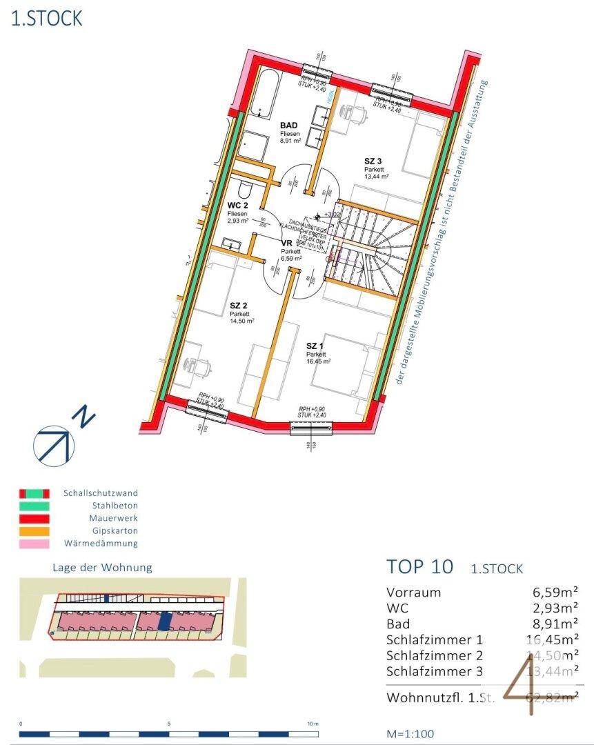 Grundriss des ersten Stocks mit drei Schlafzimmern und zwei Bädern.