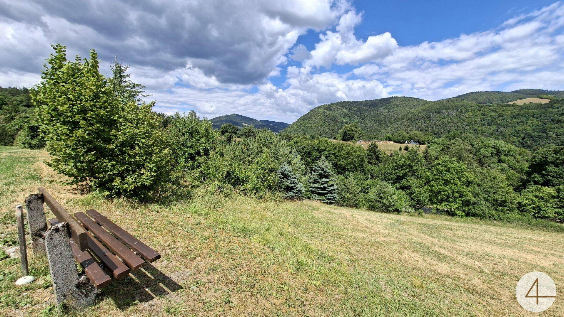 Holzbank mit Panoramablick auf die grüne Hügellandschaft und den weiten Himmel.