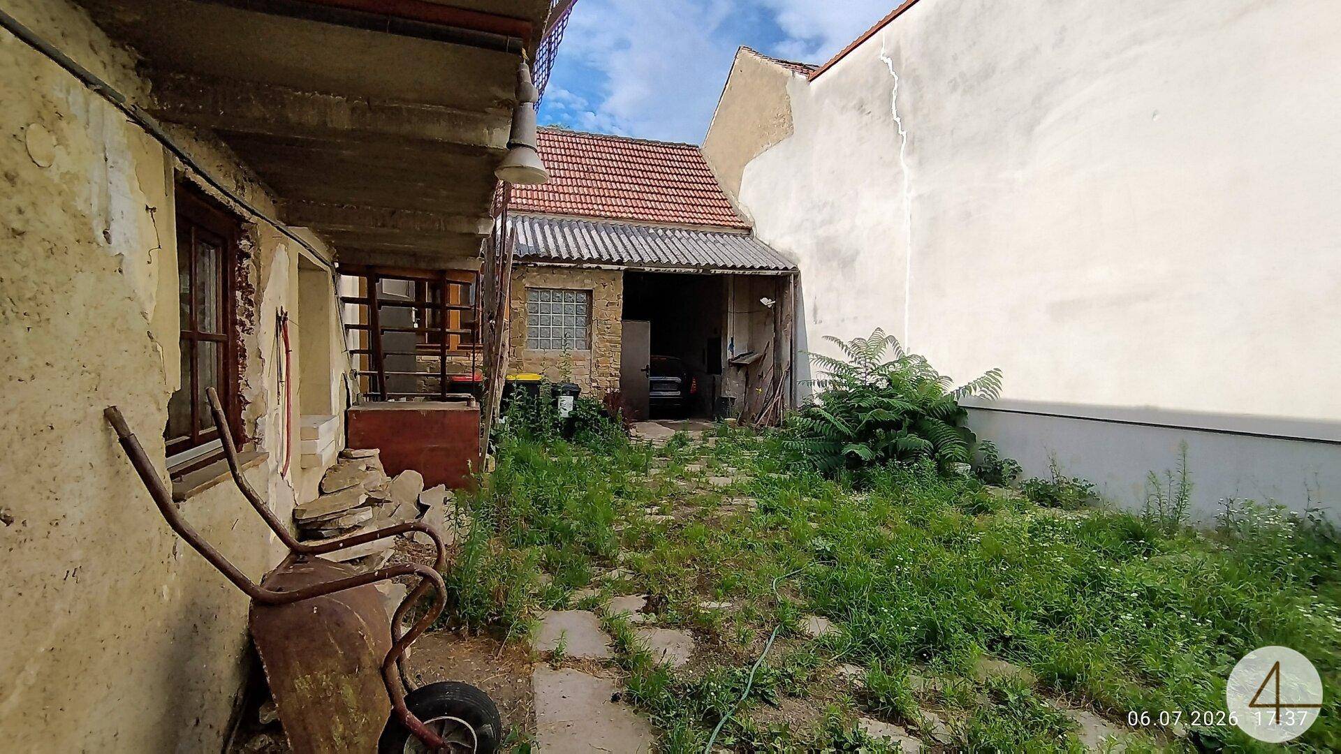 Verwilderter Hinterhof mit Gras, alten Gebäuden und einer Schubkarre.